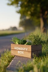 Localism in action: honesty box with fresh local produce on rural roadside in summer light, Localism, Selective Focus