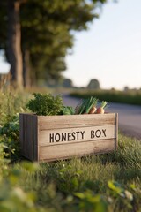 Localism in action: honesty box with fresh local produce on rural roadside in summer light, Localism, Selective Focus