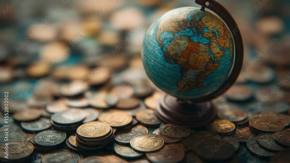 Poster a globe sits on top of a pile of coins, symbolizing wealth and exploration