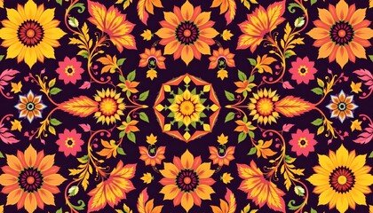 a pattern with floral designs and autumn leaves, predominantly in hues of orange, yellow, and brown, set against a dark background