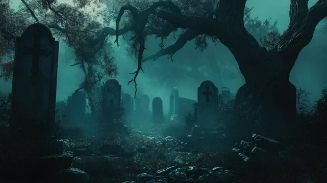 A quiet cemetery scene with a tree standing tall in the center, surrounded by solemn gravestones