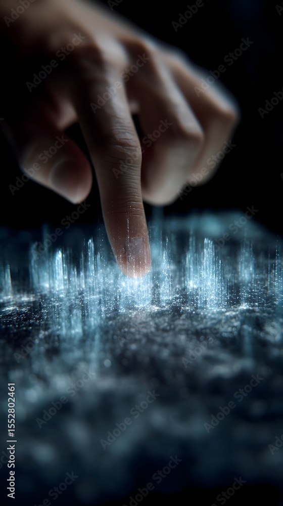Poster a crystal like interface responding to a touch with a futuristic cityscape display