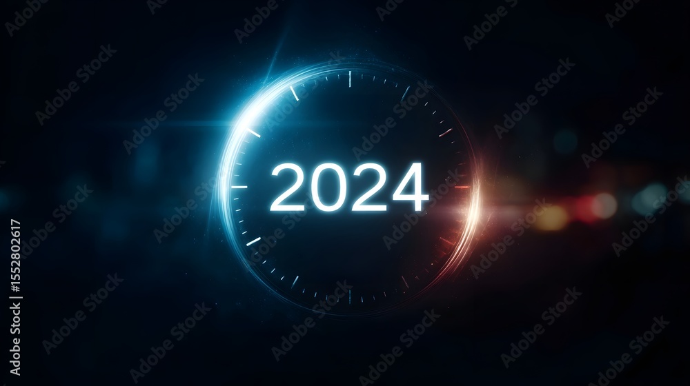 Poster glowing clock interface counting down to the new year 2024