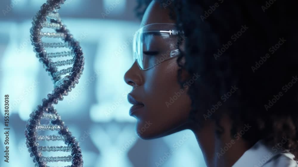 Poster a female scientist holding a strand of dna in her lab coat, suitable for use in science and research
