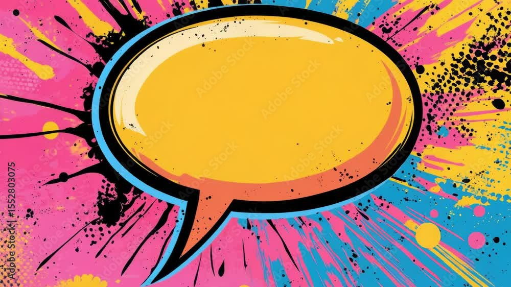 Poster a speech bubble with splats on a pink and blue background, suitable for use in illustrations, design
