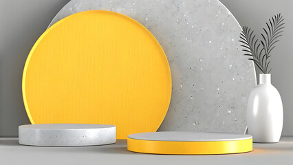 Modern geometric display pedestals with yellow circle and vase isolated on white background