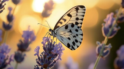 Obraz premium A Rice Paper Butterfly drinks from a lavender flower bathed in golden sunrise light and bokeh