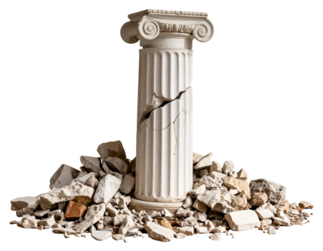 Toppled Broken Ionic Column Fragment with Cracks and Debris, Isolated on Transparent Background