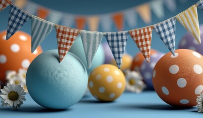 3D render of colorful polka dot and gingham pattern balls with bunting flag banner on blue background, playful festive decoration concept