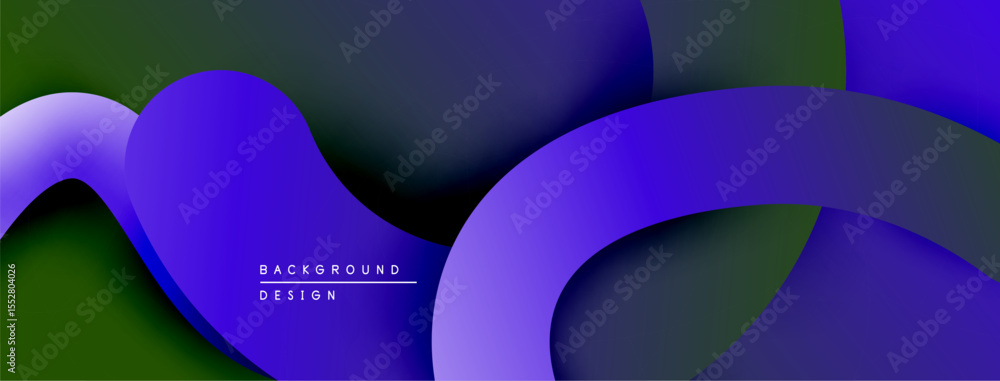 Poster abstract flowing shapes, vibrant purple hues blend with dark green. modern design, smooth gradients 