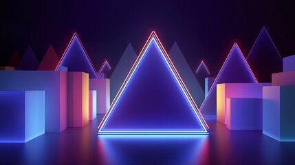 3D render of glowing neon blue and purple triangles with geometric shapes on colorful glowing background