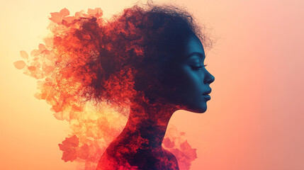  Artistic Silhouette of a Woman's Profile with Vivid Red and Orange Smoke Billowing from Her Head, Representing Creativity, Emotion, and Abstract Thought.