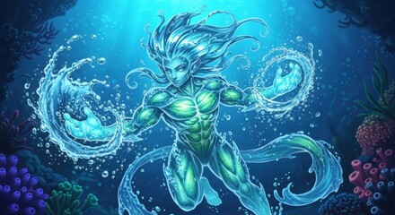 Majestic Water Elemental Master Commands Aquatic Forces in Coral Reef Kingdom