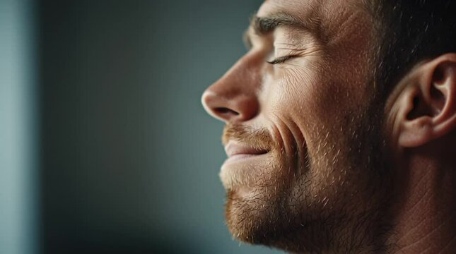 cinematic close-up portrait of a man with eyes gently closed, a thoughtful and serene expression during meditation, soft diffused natural light from a window, minimalist interior background