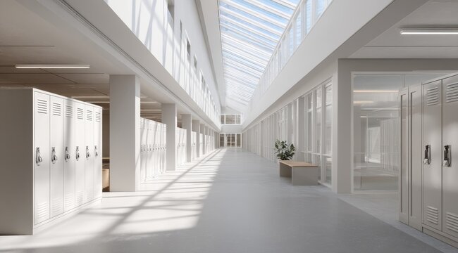 Sunlit minimalist hallway with rows of white lockers, a light wood bench, and a glass-walled room at the end, showcasing clean architectural lines and abundant natural light - Powered by Adobe