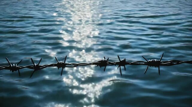 A close-up view of a barbed wire fence spanning across a calm body of water, potentially serving as a barrier or boundary