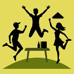 A silhouette image of boys and girls playing at a picnic spot.