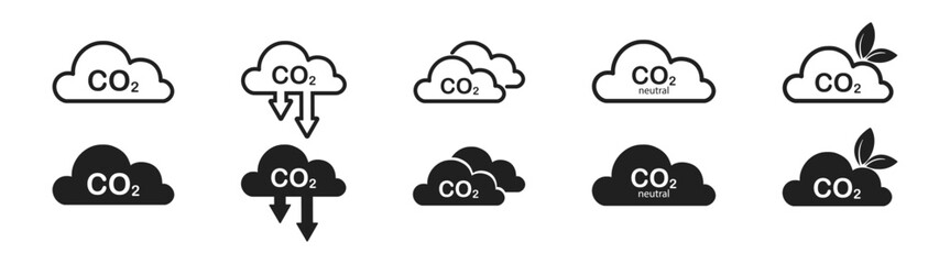 Carbon dioxide cloud icon set. Cloud co2 symbol with down arrow icon set. Air pollution concept icons.