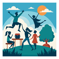 A silhouette image of boys and girls playing at a picnic spot.