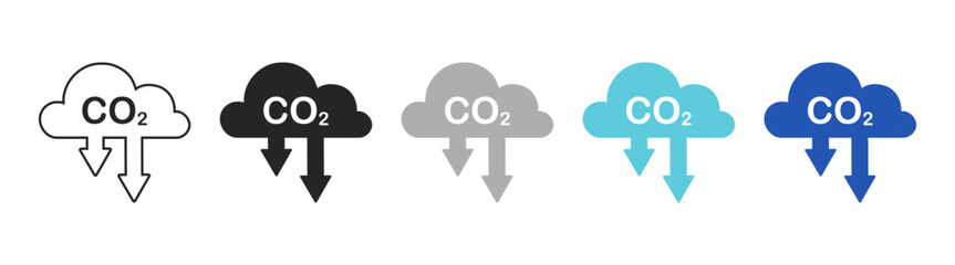 Cloud co2 symbol with down arrow icon set. Carbon reduction cloud sign. Vector illustration © SunnyScrap