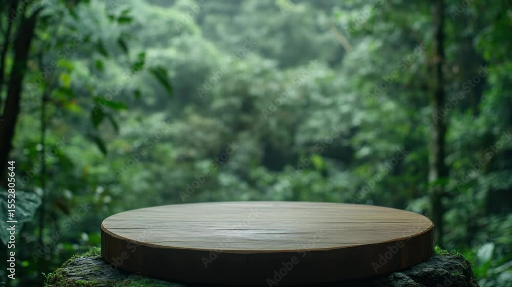 Poster a wooden table surrounded by trees and foliage in a dense forest