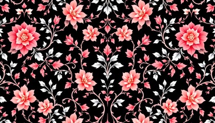 a repeating pattern of pink flowers with green leaves against a dark background