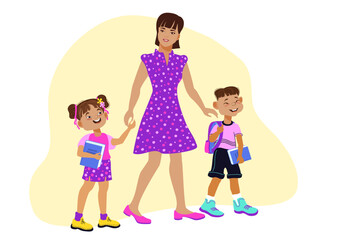 Mom, son, and daughter are holding hands and walking to school. Family scene, care, parenting. A loving mother and her children strolling, talking, and smiling. Vector flat illustration.