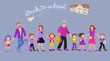 Mom, son, and daughter are holding hands and walking to school. Family scene, care, parenting. A loving mother and her children strolling, talking, and smiling. Vector flat illustration.