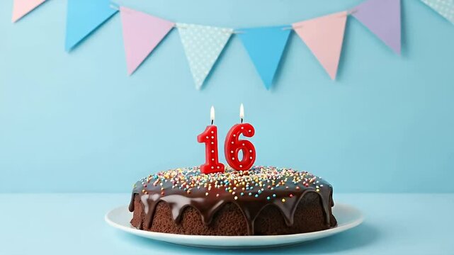 Sweet Sixteen Celebration Cake with Candles and Festive Bunting on a Blue Background, Front View, Party Concept