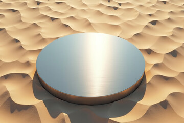 Empty titanium round podium with smooth metallic finish, placed directly on a natural sand beach surface