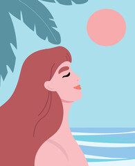 Profile of a woman's face on the beach against the background of the sun, beach, sea. Girl on vacation relaxing. Vector graphics.