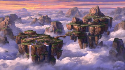 Fantastical floating rock islands amidst a sea of clouds, lush greenery, cascading waterfalls, a connecting bridge, and a vibrant sunrise or sunset sky with orange, pink, purple, and blue hues.
