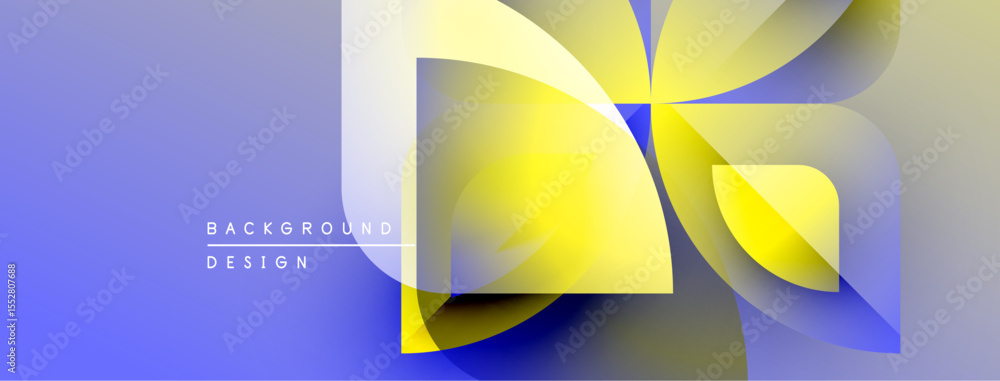 Poster abstract geometric design. bright yellow shapes overlap blue gradient background. modern, dynamic co