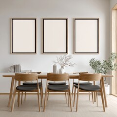 Minimalist dining room with three framed prints