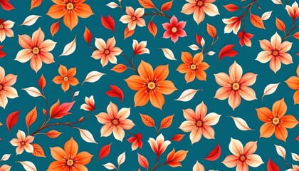 a pattern of orange flowers with green leaves set against a dark blue background. this pattern is seamlessly repeated across the fabric depicted