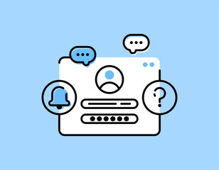 forgot account password concept. service to manage and reset passwords. forgot account information. illustration of website login page window with question mark and bell symbol. flat outline
