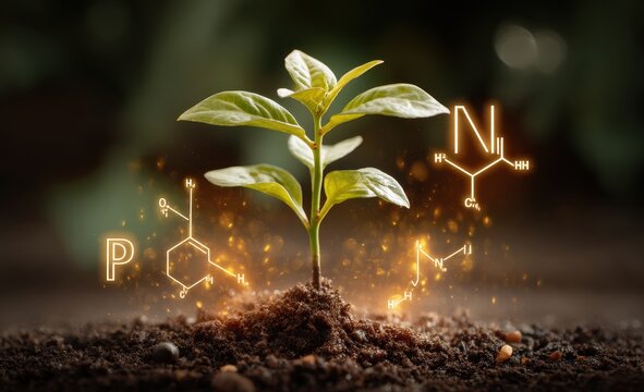 Young plant sprouting from soil, glowing chemical formulas