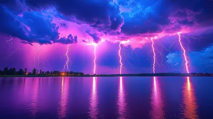 Printed kitchen splashbacks Dramatic storm over tranquil lake. Vivid purple-pink lightning strikes reflected in still water