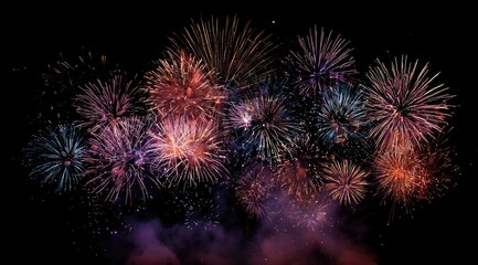 Vibrant fireworks display explodes across a dark night sky, showcasing a multitude of colorful bursts and lingering smoke trails