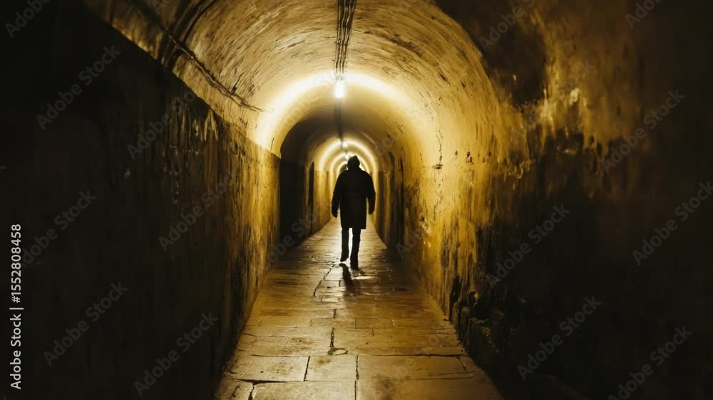 Poster a person is seen walking through a dimly lit tunnel, with a beam of light guiding them towards the e