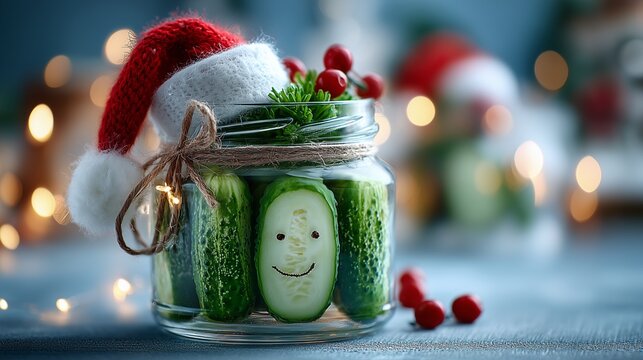 Funky Christmas pickle in jar with Santa hat, blurred white background, festive food humor, holiday condiment, quirky still life