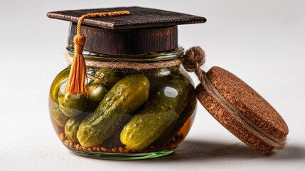 Graduation cap pickles in jar, fun academic snack, blurred white background, celebratory still life