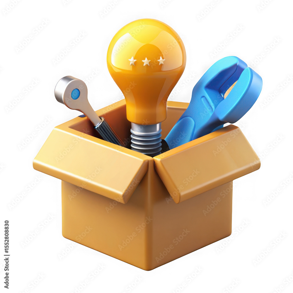 Poster lightbulb and wrenches in a box isolated on white background, isolated on transparent background