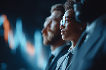 Diverse business team focused on digital currency analysis with serious expressions, wearing formal attire, standing in front of glowing financial data charts