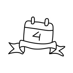 Simple Hand-Drawn Calendar with Number Four and Decorative Ribbon.