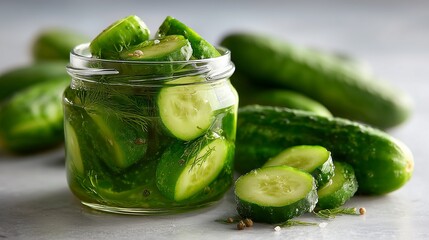 Half-sour pickles in brine jar, fresh cucumbers, white backdrop, deli-style, clean composition, soft lighting
