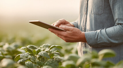 Smart farmer using digital tablet in green field, monitoring crop growth and managing agriculture with technology, showing innovation and care in farming