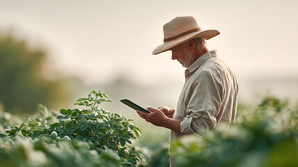 Farmer using digital tablet in green field, smart agriculture technology, rural outdoor scene, modern farming with digital device, natural environment, calm and focused
