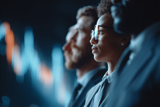 Diverse business team focused on digital currency analysis with serious expressions, wearing formal attire, standing in front of glowing financial data charts