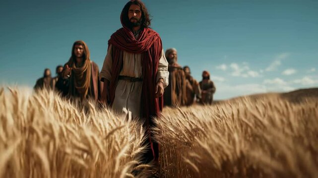 Photorealistic scene of Jesus, Lord of the Sabbath, walking through golden wheat fields with followers, evoking peace and reflection. Inspired by biblical narratives, particularly the Gospels.